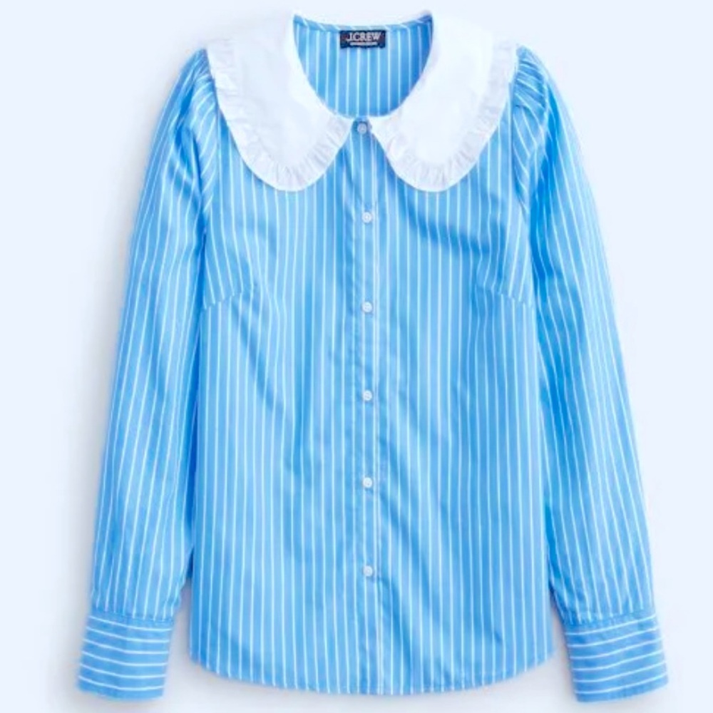 J Crew Blue Pinstriped Oversized Coller Top Organic Cotton Sz 8